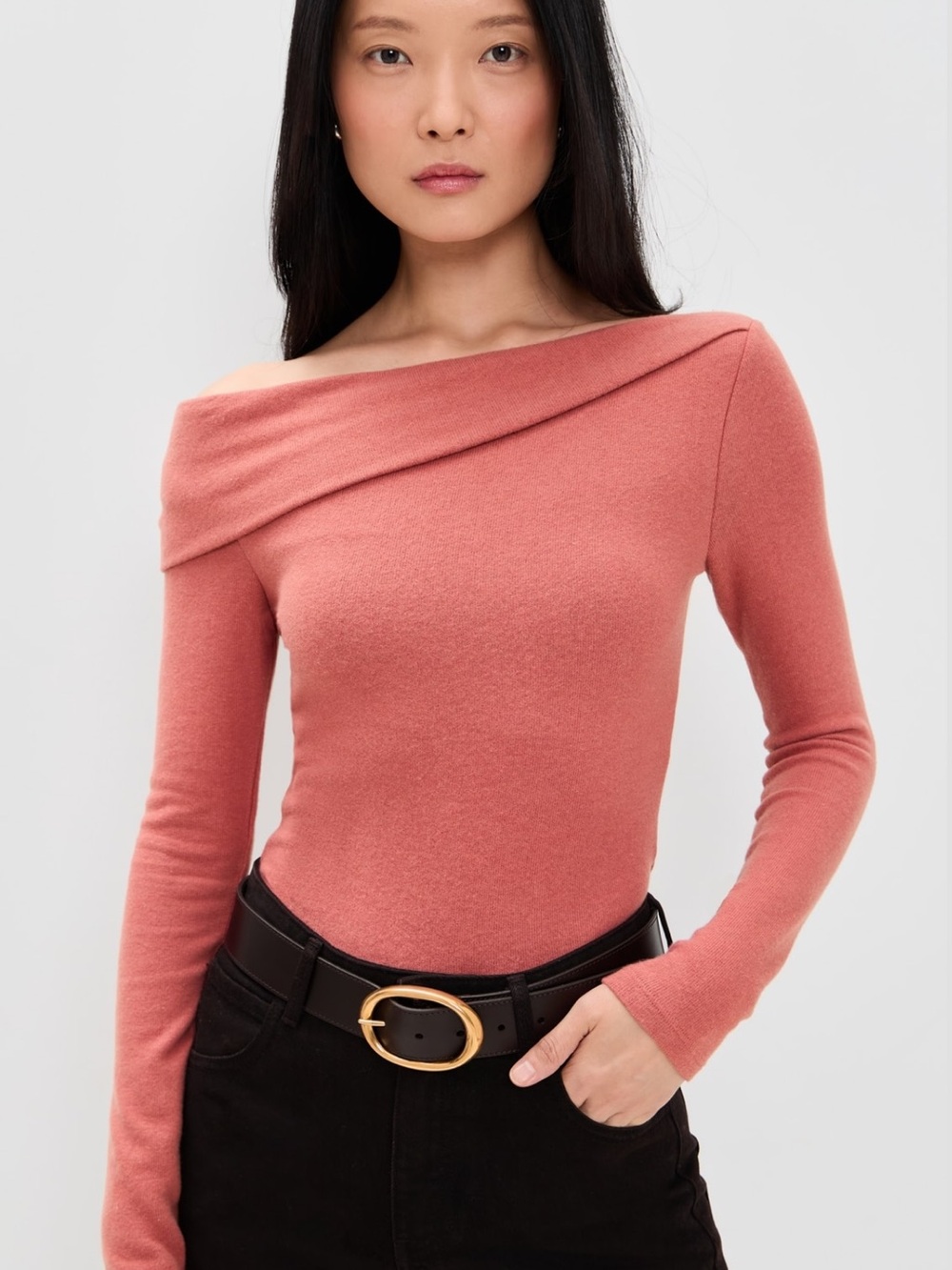 Reformation Elio Knit Top, Off-the-Shoulder Sweater, Rosewood color